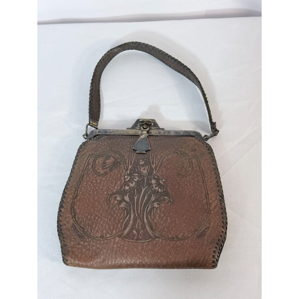 Arts & Crafts Hand Tooled Leather Bosca Nelson Art Nouveau 1910s Handbag Antique